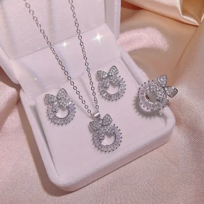 Luxury Round Cubic Zirconia Bow Necklace Earring Set 4pc 